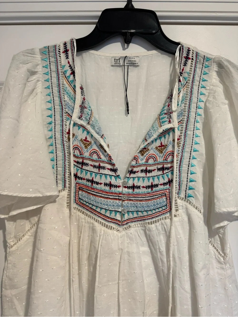Zara TRF White Swiss Dot Embroidered Pom Pom Tassel Boho Tunic Dress M